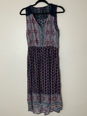 Artesia Sleeveless Navy Patterned V-Neck w/ Crochet Midi Dress Boho Flowy Size L